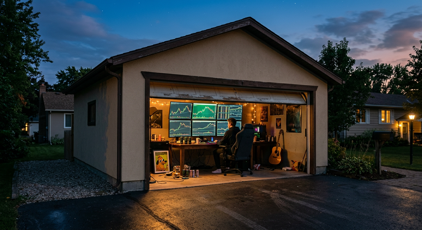 Garage door half open revealing a wall of glowing green trading charts