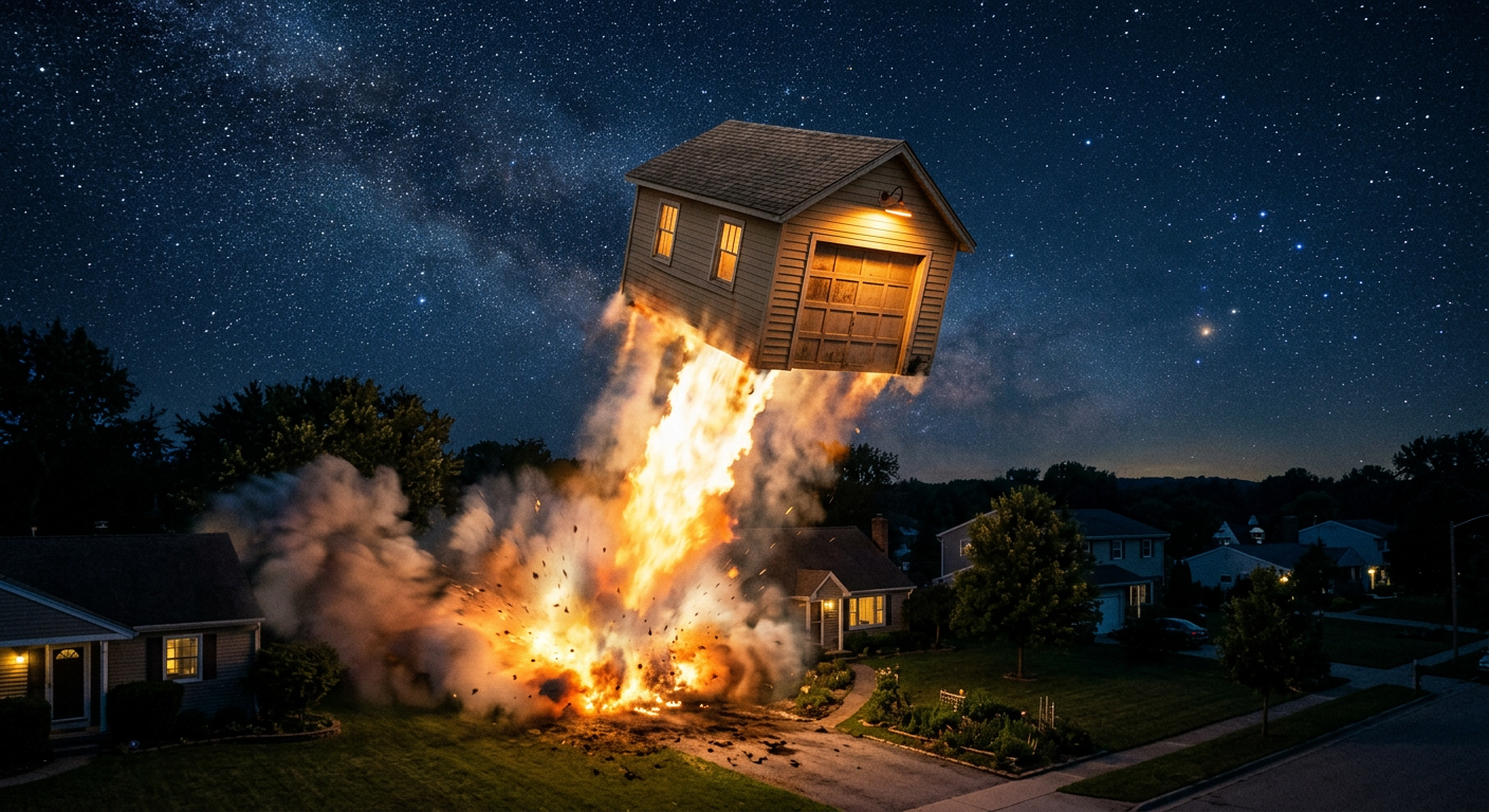 The garage blasting off into the night sky like a rocket