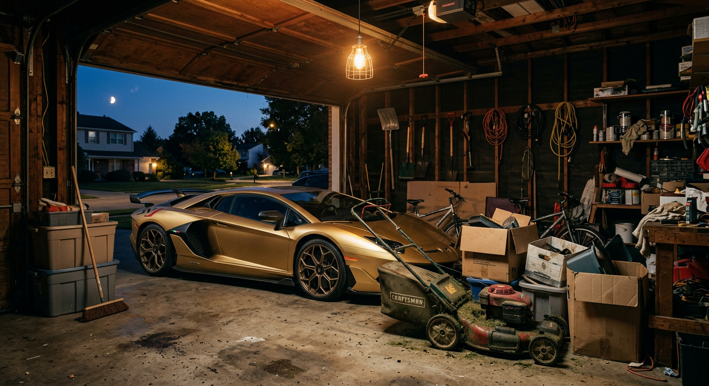 A gold supercar parked next to a lawnmower inside the garage